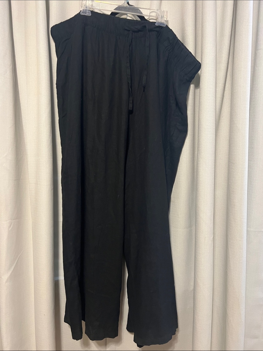 Black Wide-Leg Linen Drawstring Pants
